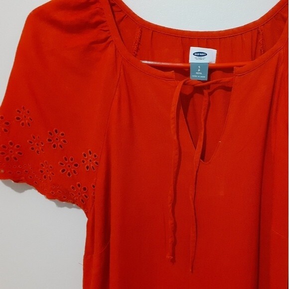 Old Navy Eyelet Hem Flutter Sleeves Drop Waist Boho Shift Red Orange Dress S/P - Picture 7 of 13